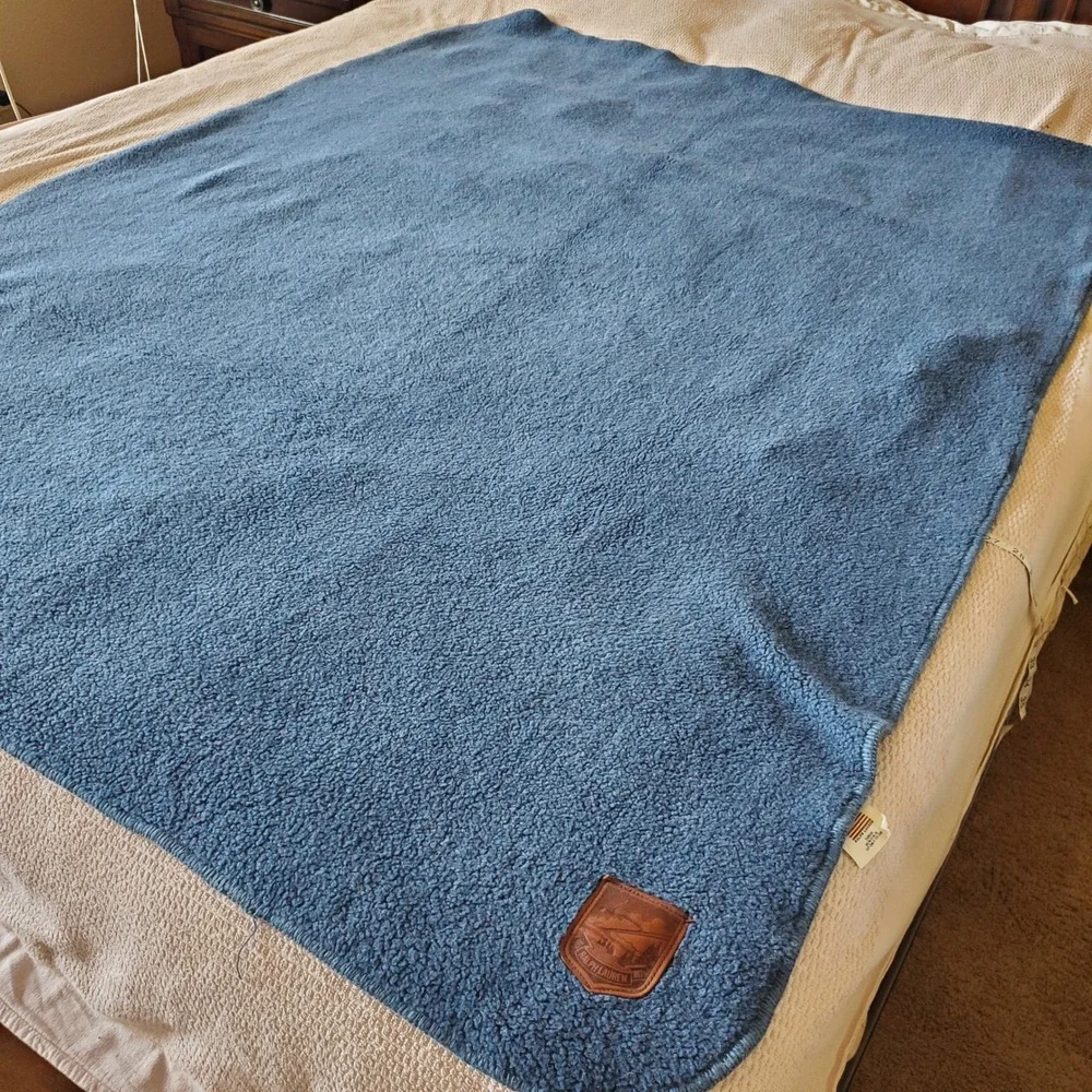 Vtg‎ Ralph Lauren Blue Fleece Throw Blanket Leather Patch 50x68 Rustic Cabin